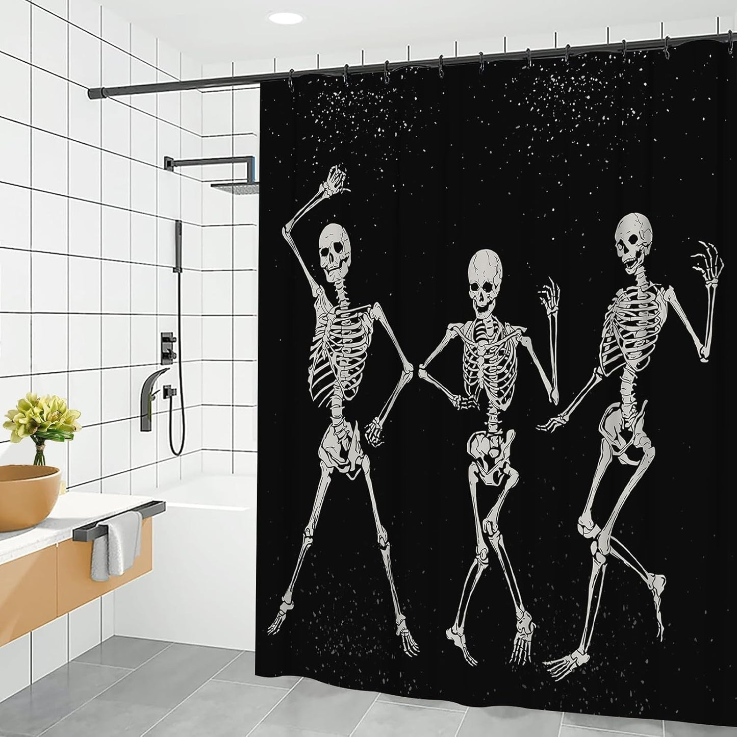 Feblilac Skull Funny Dance Halloween Dancing Cartoon Fun Joints Party Vintage Shower Curtain with Hooks