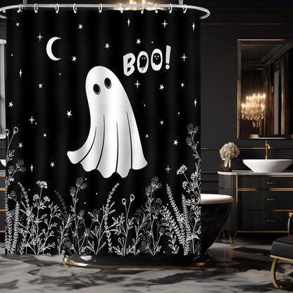 Feblilac Halloween Ghost Cute Black White Boo Shower Curtain with Hooks