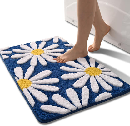 Pink Bathroom Rugs Cute Daisy Bath Mat White and Yellow Flower Decor Rug Non Slip Floor Carpet Microfiber Bathmat Super Absorbent Machine Washable Bahtub Mats for Shower, Tub, Bedroom 16"x 24"