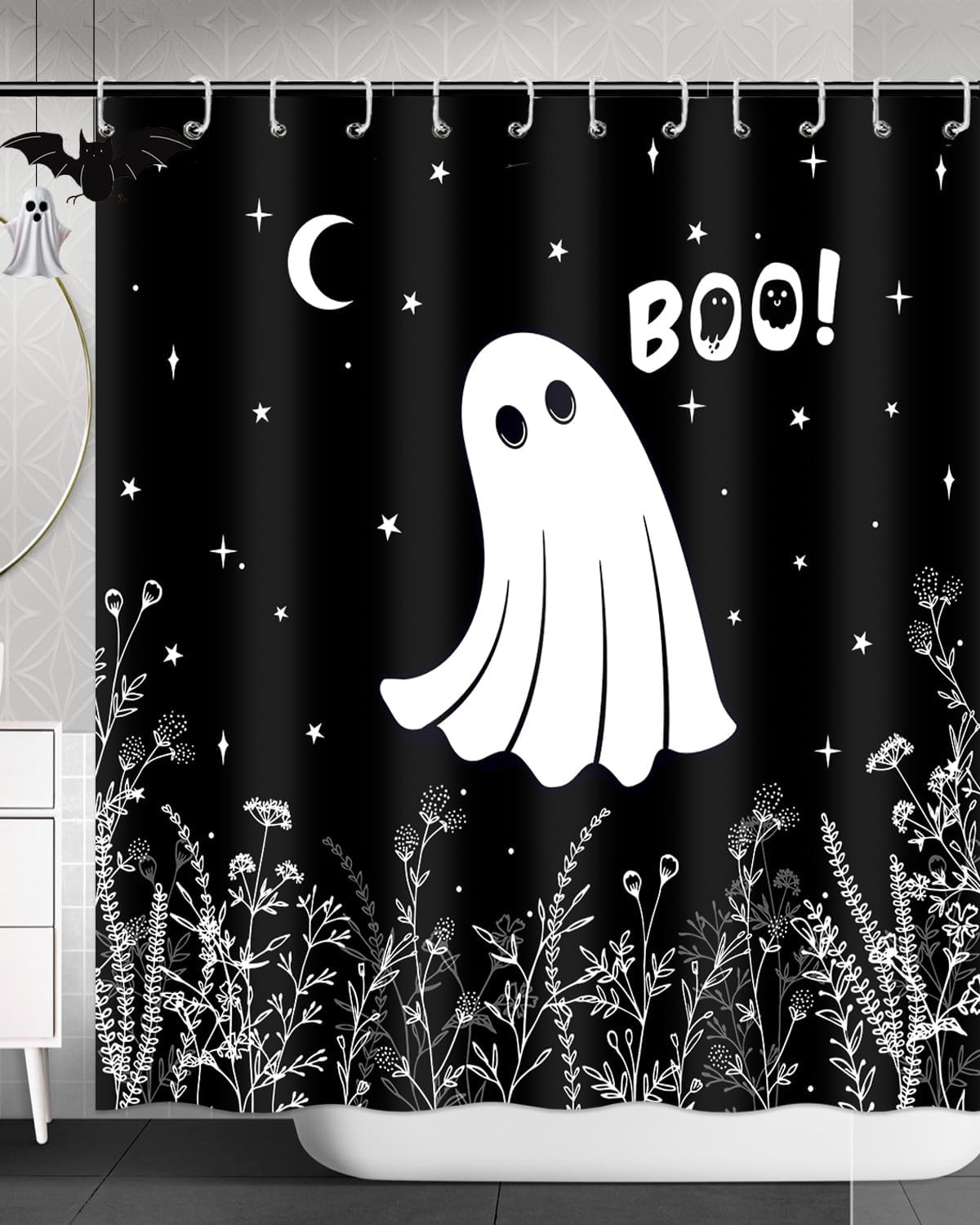 Feblilac Halloween Ghost Cute Black White Boo Shower Curtain with Hooks