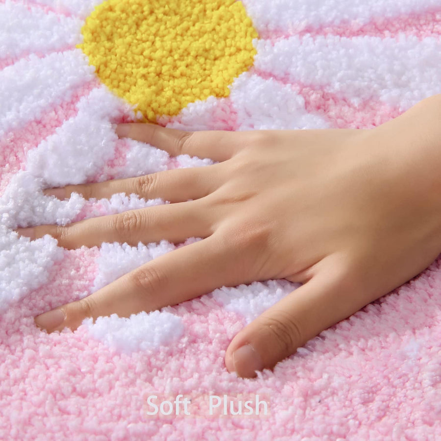 Pink Bathroom Rugs Cute Daisy Bath Mat White and Yellow Flower Decor Rug Non Slip Floor Carpet Microfiber Bath - view 2