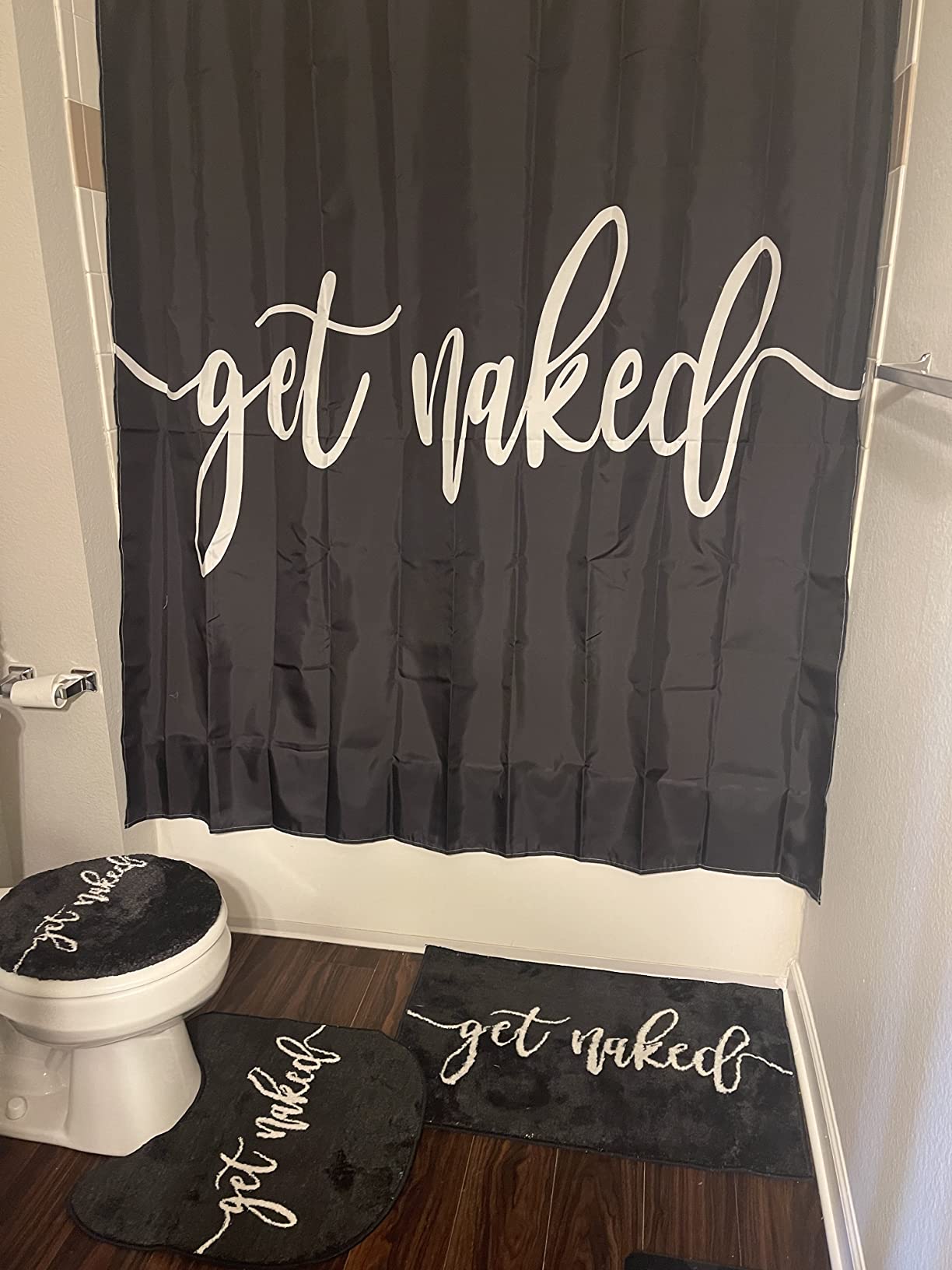 Feblilac Black Get Naked Letter Print Tufted Bath Mat