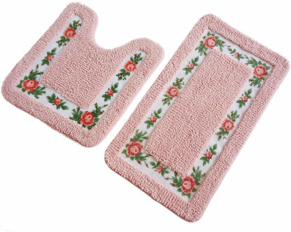 Feblilac Pink Flower Tufted Bathroom Mat Toilet U-Shaped Floor Mat