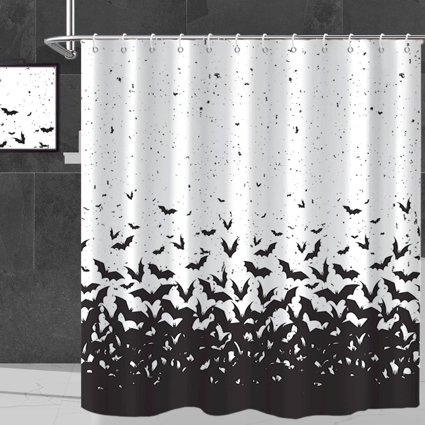 Feblilac Halloween Shower Curtain, Black Flying Bat Horror Scary Shower Curtain with Hooks