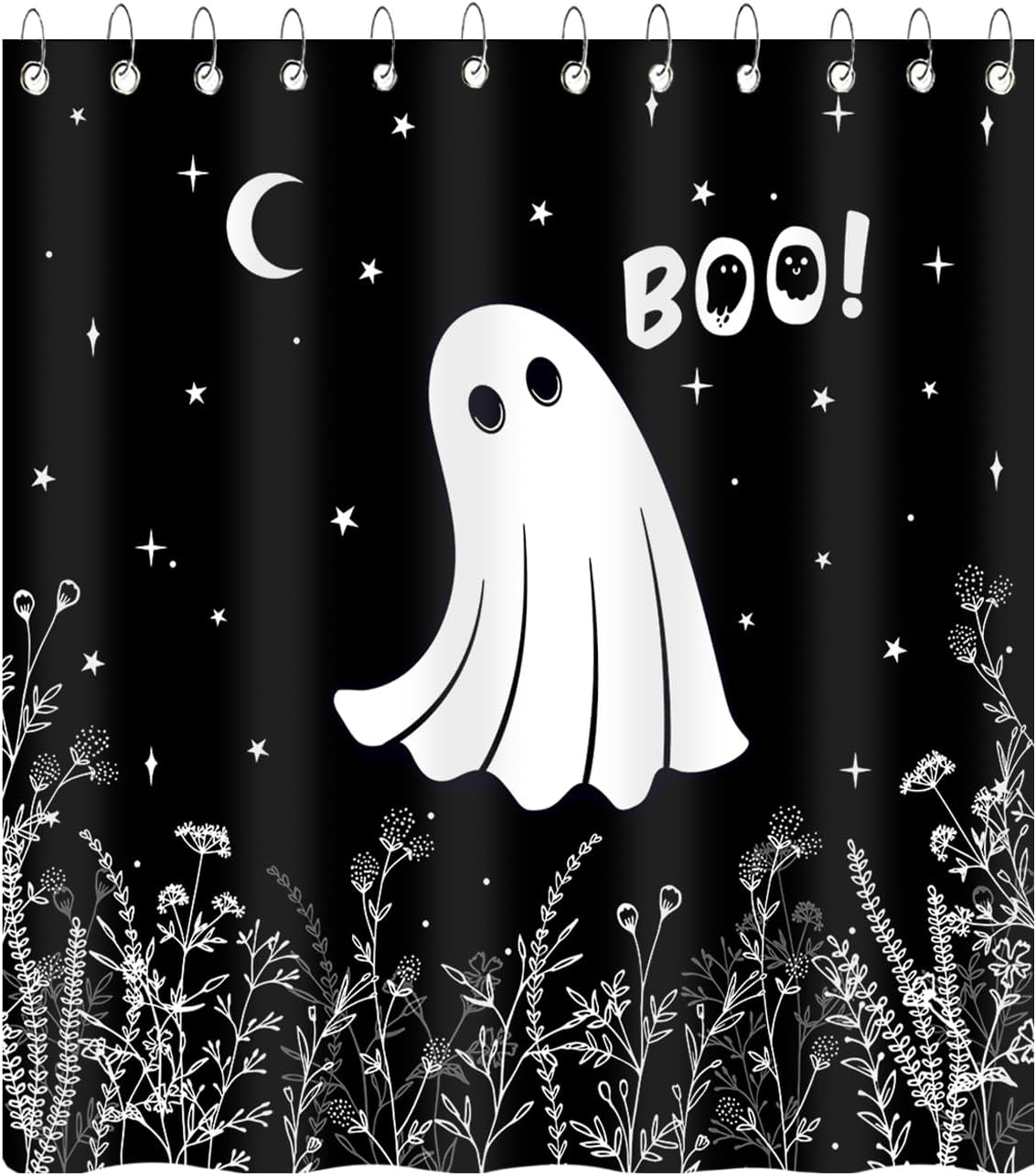 Feblilac Halloween Ghost Cute Black White Boo Shower Curtain with Hooks