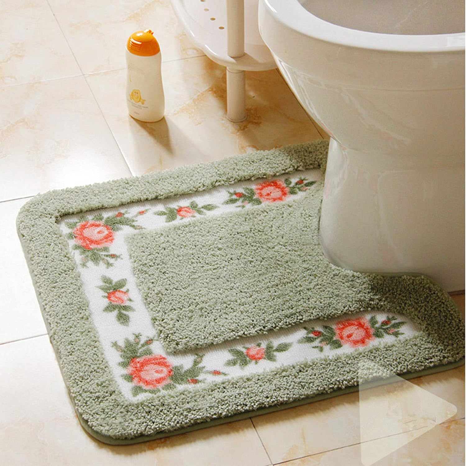 Feblilac Green Flower Tufted Bathroom Mat Toilet U-Shaped Floor Mat