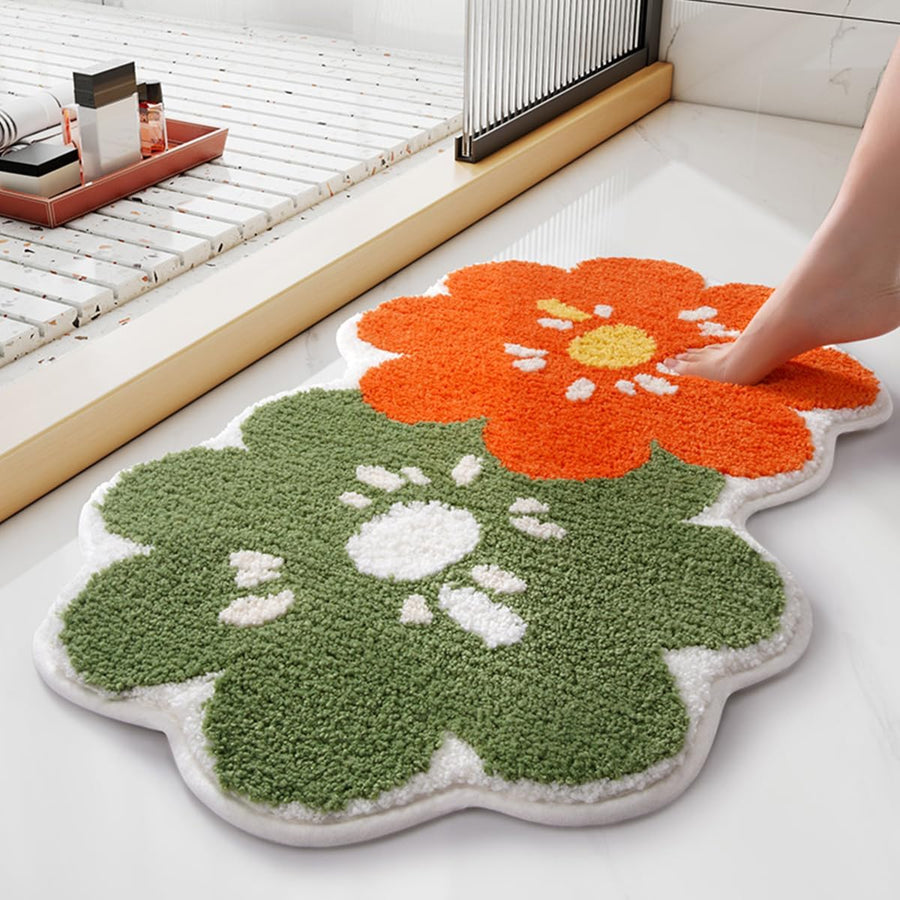 Feblilac Bath Mat, Two Flower Bathroom Rug Mat Non-Slip Microfiber Shower Bath Rug,Shaggy Bath Carpet, Machine