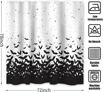 Feblilac Halloween Shower Curtain, Black Flying Bat Horror Scary Shower Curtain with Hooks