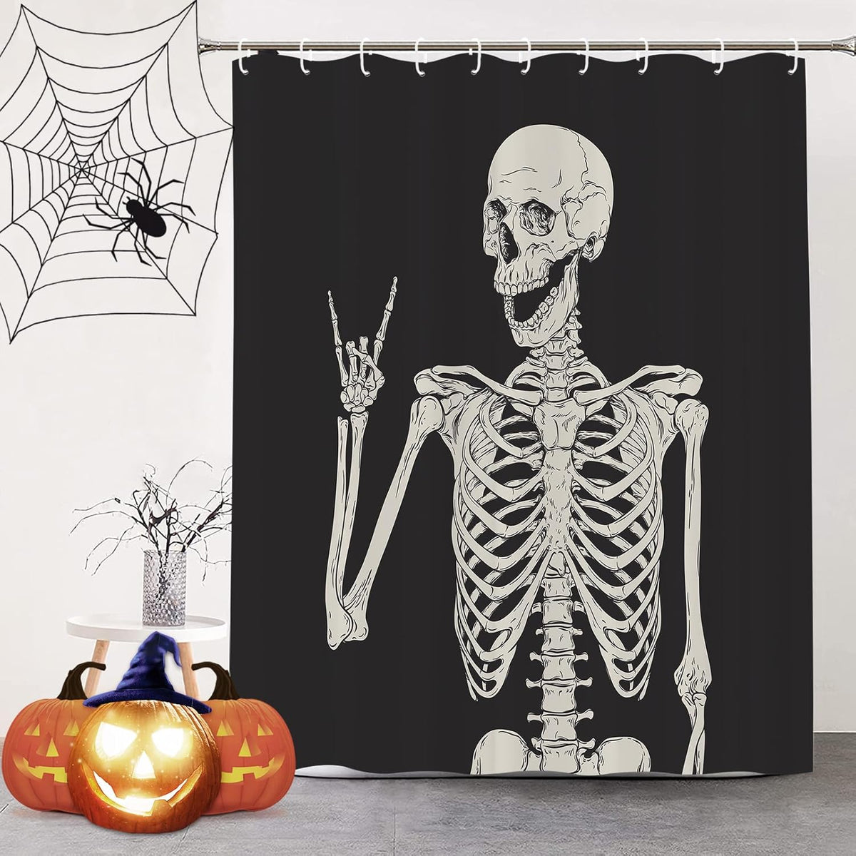 Feblilac Skull Funny Dance Halloween Dancing Cartoon Fun Joints Party Vintage Shower Curtain with Hooks - view 53
