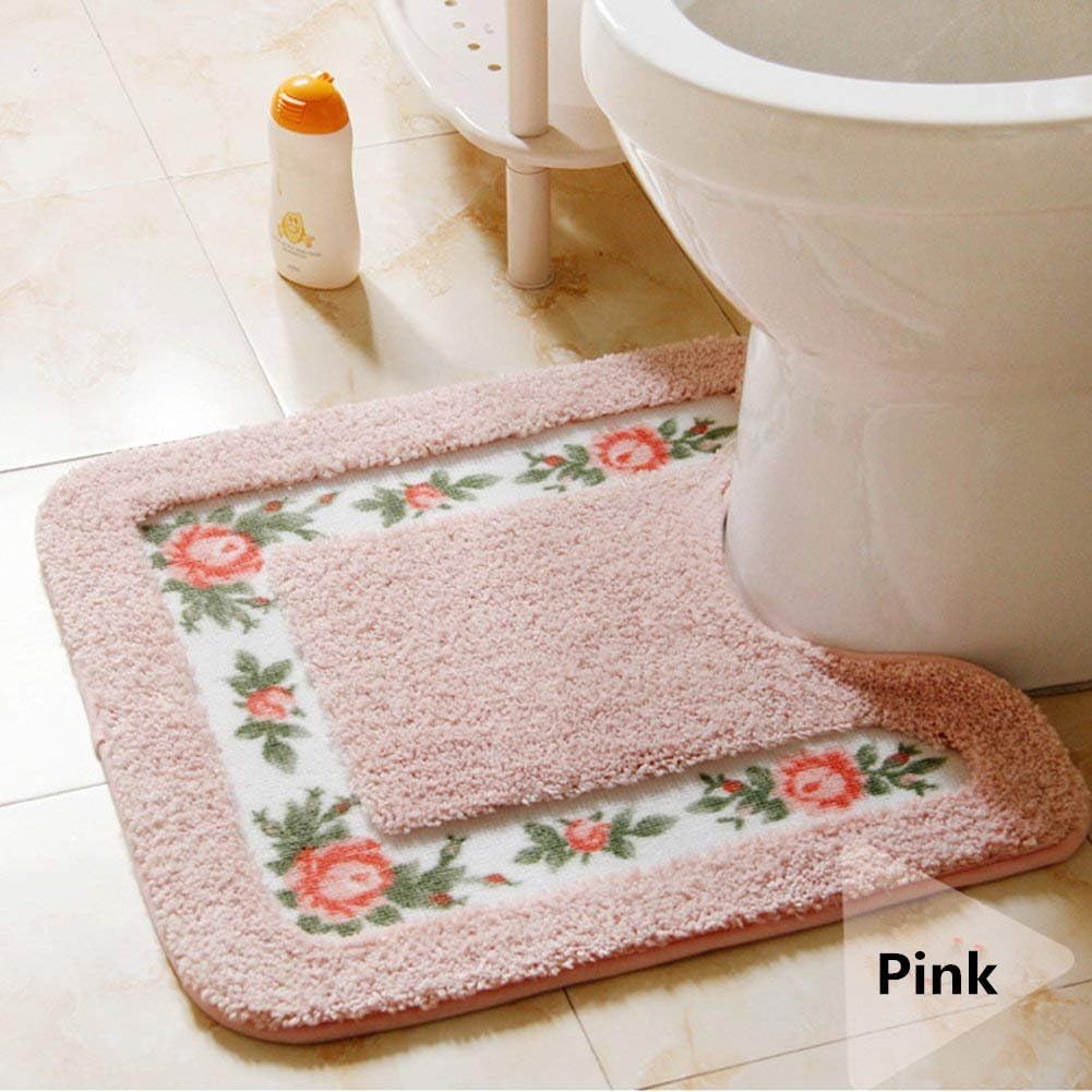 Feblilac Pink Flower Tufted Bathroom Mat Toilet U-Shaped Floor Mat