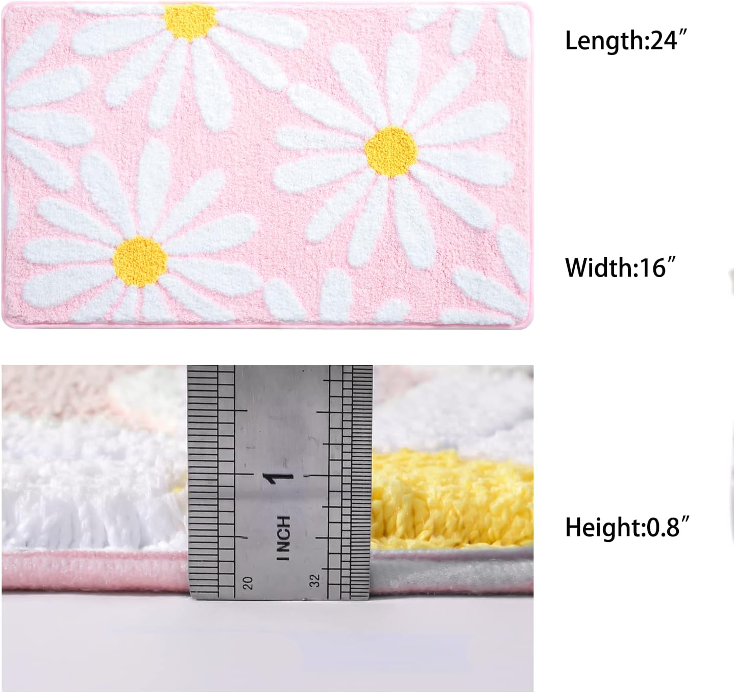 Pink Bathroom Rugs Cute Daisy Bath Mat White and Yellow Flower Decor Rug Non Slip Floor Carpet Microfiber Bathmat Super Absorbent Machine Washable Bahtub Mats for Shower, Tub, Bedroom 16"x 24"