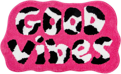 Feblilac Good Vibes Funny Cute Bath Mat Hot Pink Non-Slip Soft Cow Print Girl Preppy Bathroom Decor Rug Microfiber Water Absorbent Mat