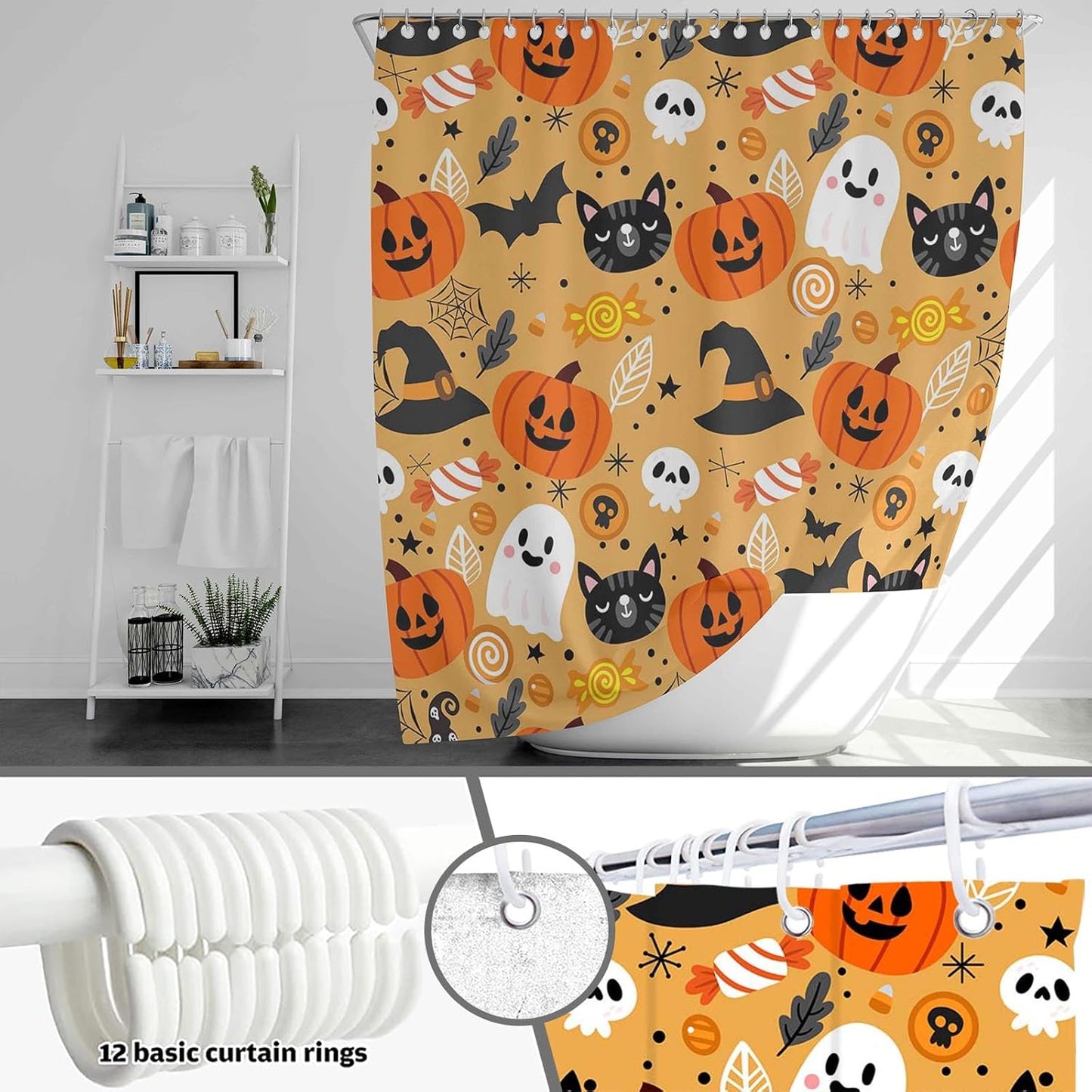 Feblilac Cute Halloween Shower Curtain with Hooks