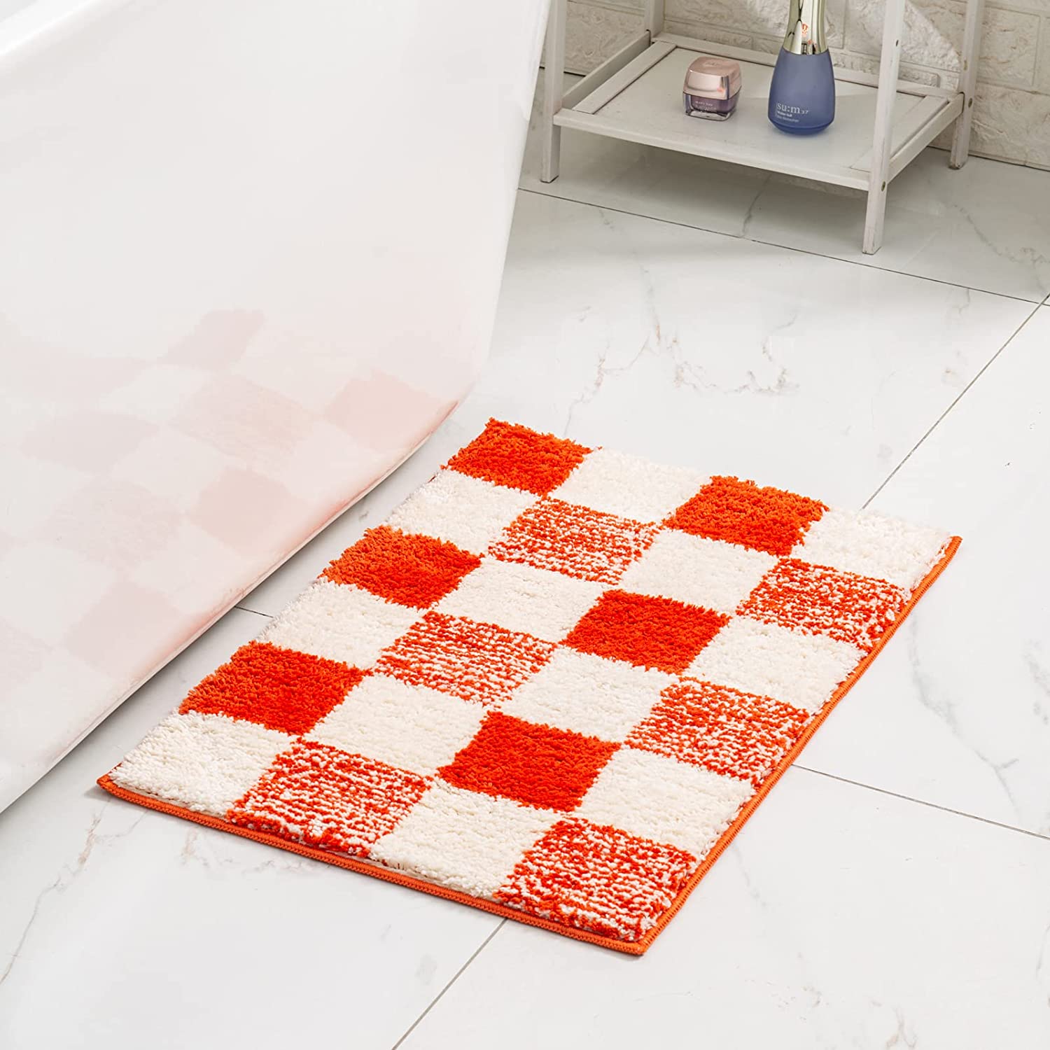 Feblilac Pink Checkerboard Bath Mat, Non-Slip Soft and Water-Absorbent