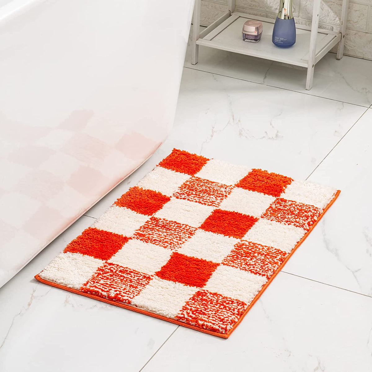 Feblilac Pink Checkerboard Bath Mat, Non-Slip Soft and Water-Absorbent - view 10