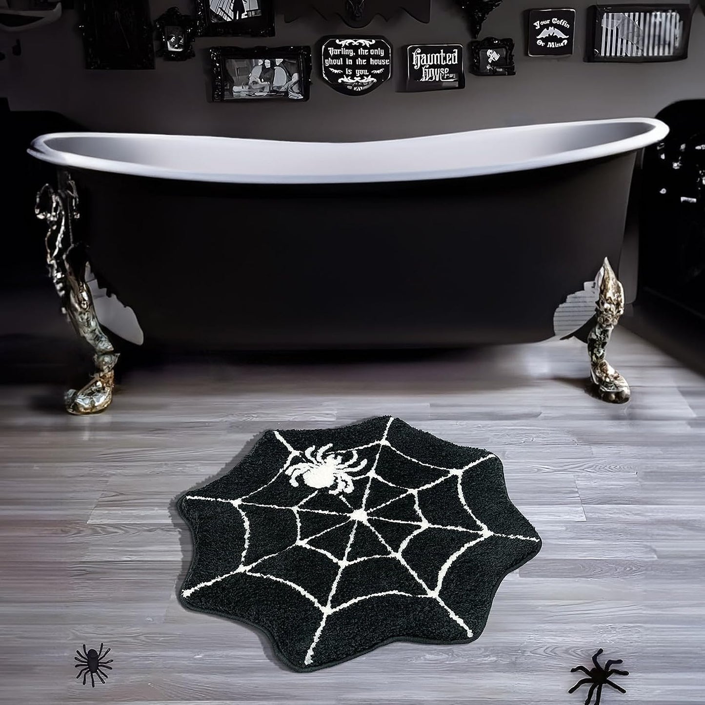 Feblilac Halloween Bathroom Rugs Spider Webs Round Bath Mats Non Slip Black Gothic Bathroom Decor Horror Washable Rugs for Shower Tub Entryway Kitchen 28"x28"