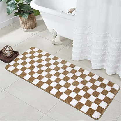 Feblilac Brown Grey Black and White Checkerboard Tufted Bath Mat