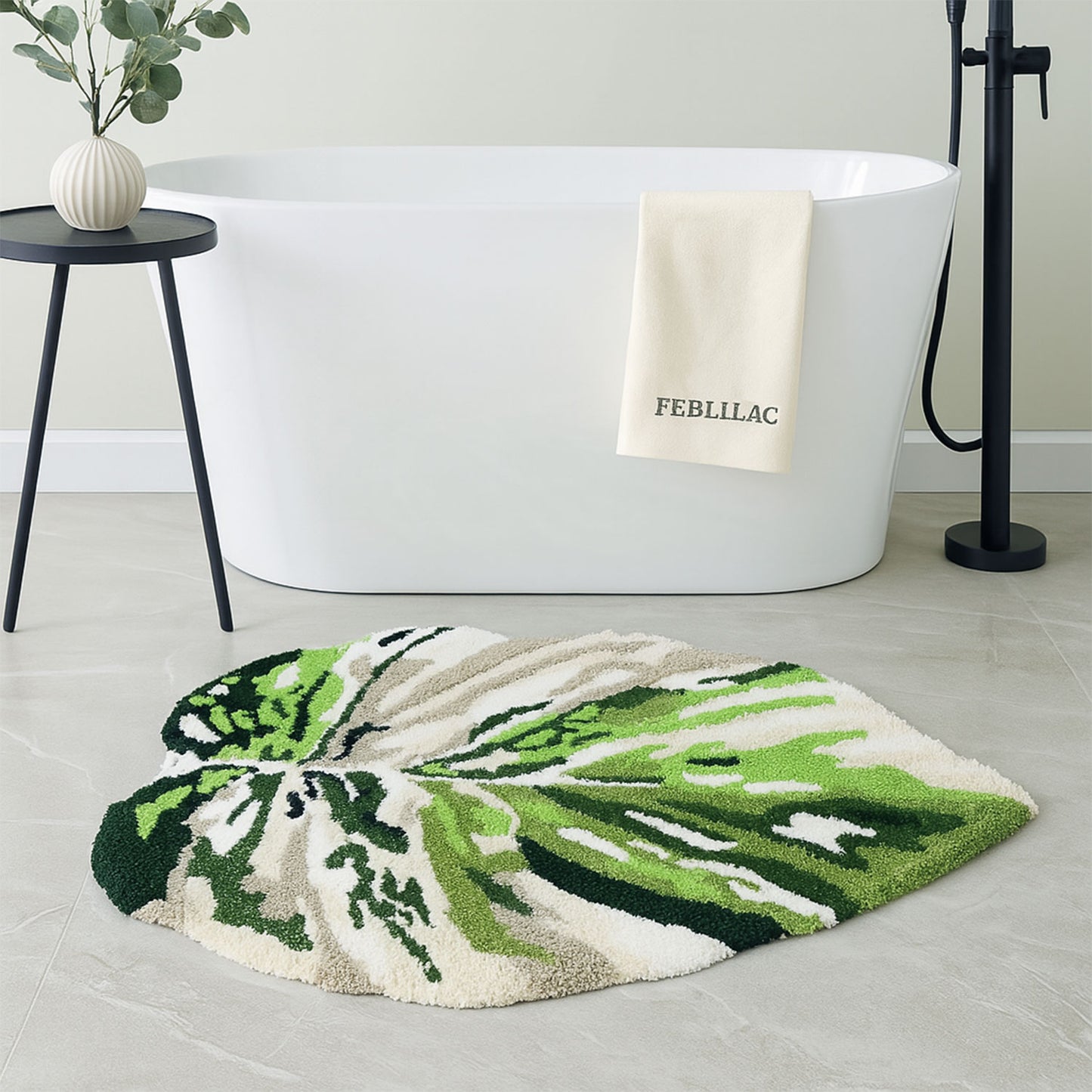 Feblilac Irregular Turquoise Monstera Tufted Bath Mat