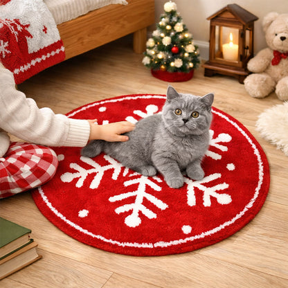 Feblilac Red background White Snowflakes Christmas style Tufted Bath Mat