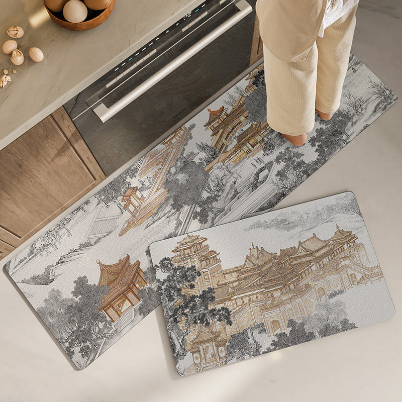 Feblilac Chinese Ancient Buildings and Trees PVC Leather Kitchen Mat