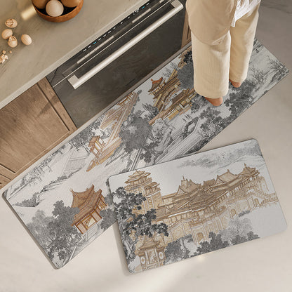 Feblilac Chinese Ancient Buildings and Trees PVC Leather Kitchen Mat