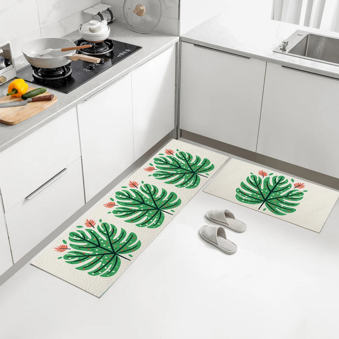 Feblilac Color Dot Green Monstera PVC Leather Kitchen Mat