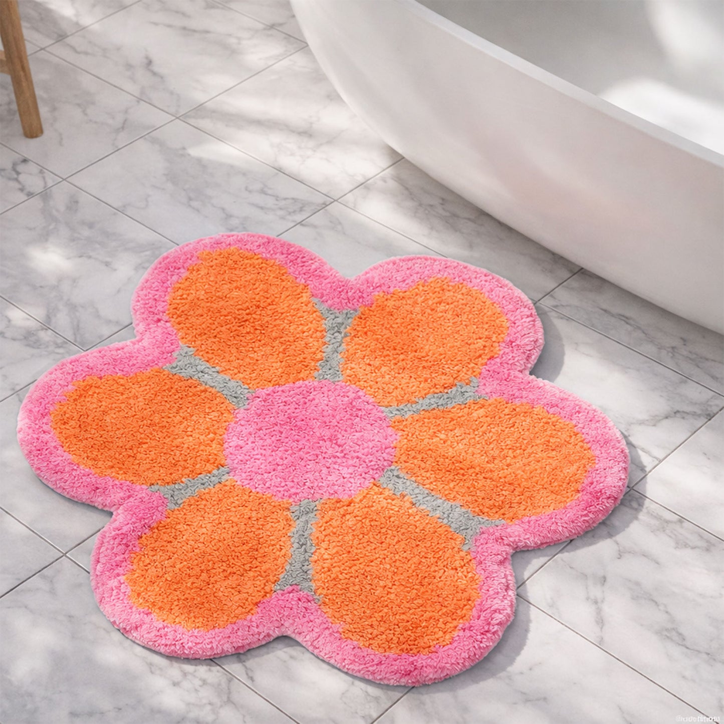 Feblilac Pink & Orange Flower Tufted Bath Mat – Soft Absorbent Non-Slip Rug