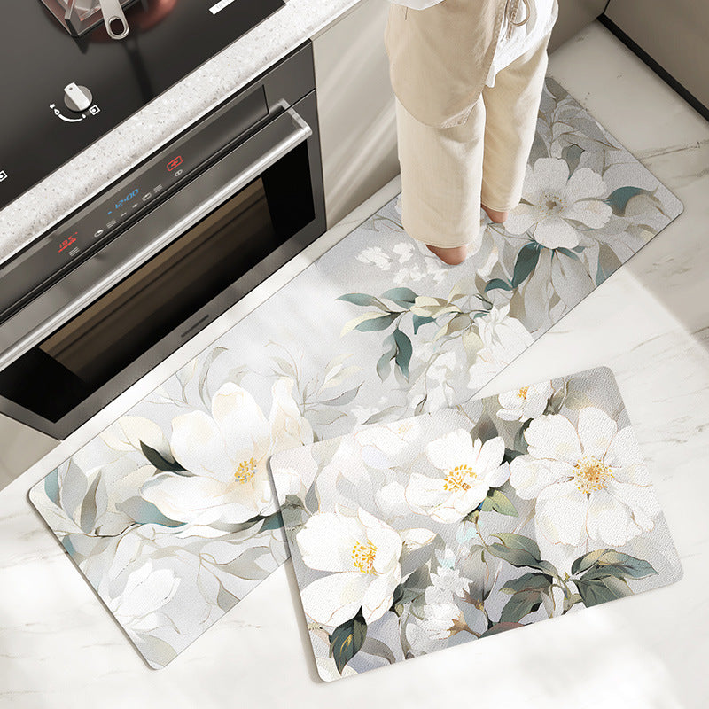 Feblilac White Flowers PVC Leather Kitchen Mat