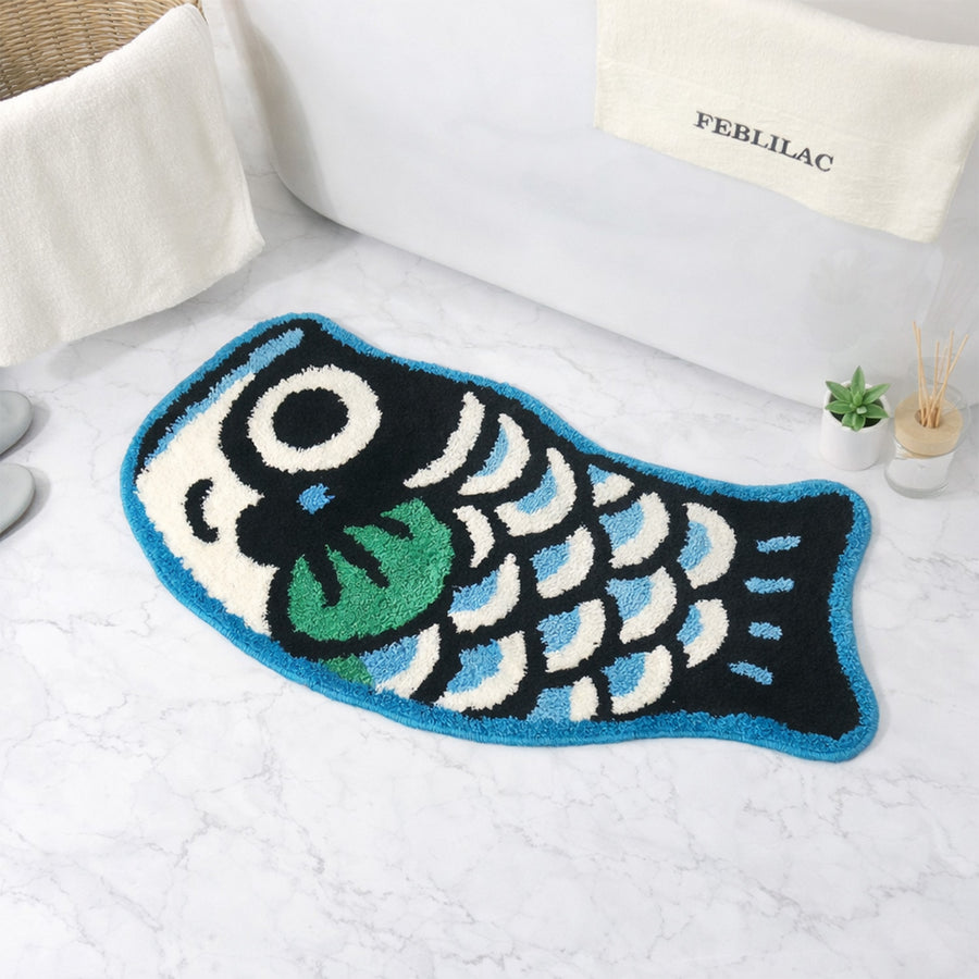 Feblilac Blue Fish-Shaped Tufted Bath Mat, Black Green
