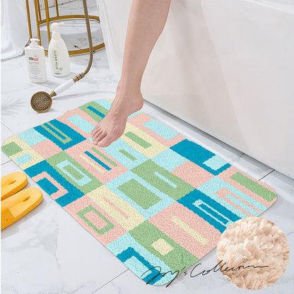 Feblilac Pink and Blue Square Geometric Tufted Bath Mat