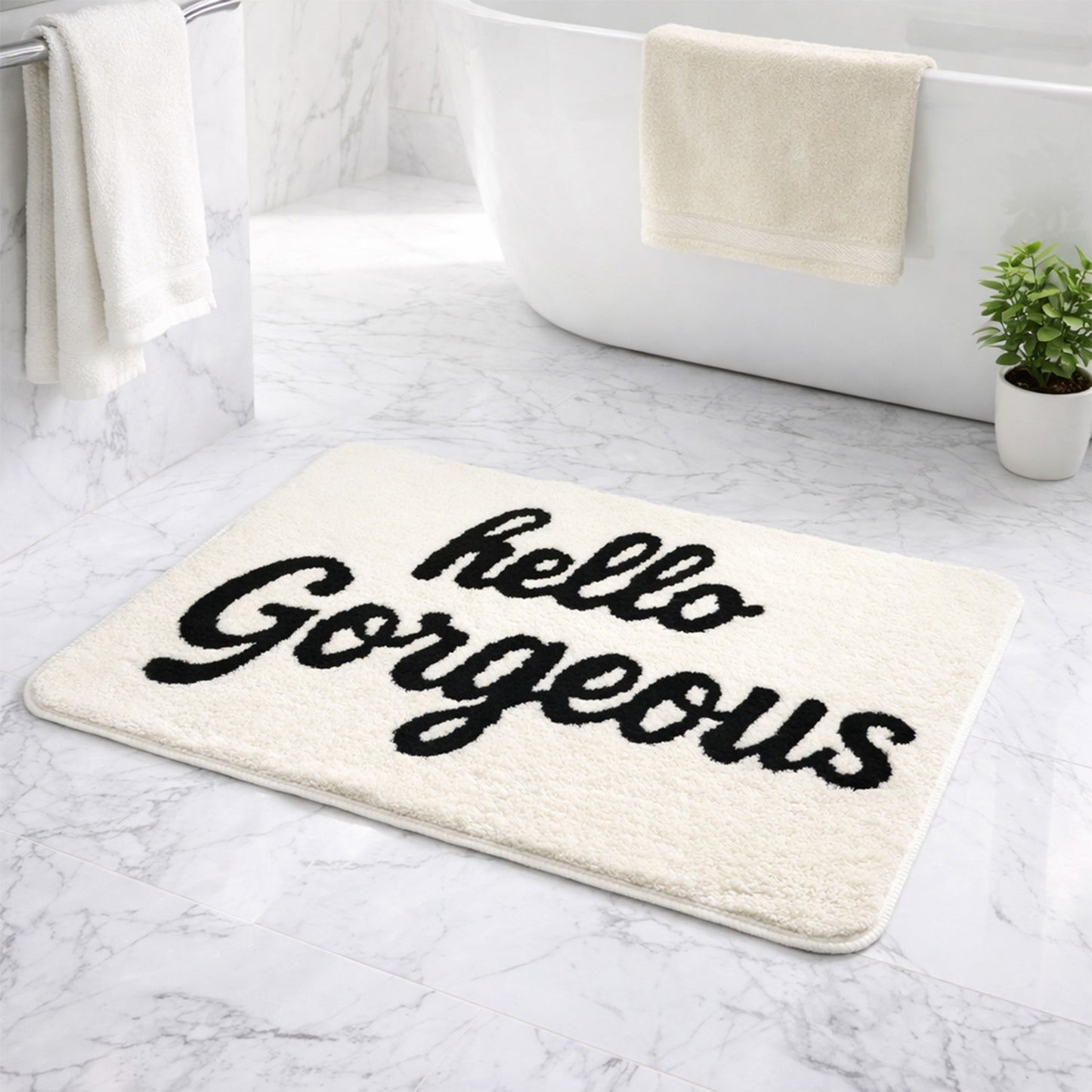 Feblilac Hello Gorgeous White Ground Bath Mat, Black and White Mat for Bedroom Living Room Balcony
