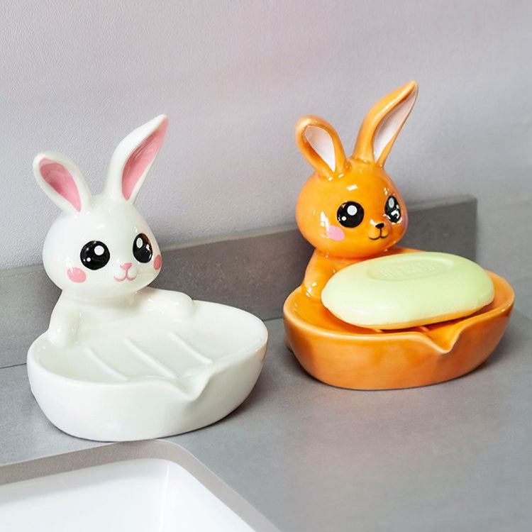 Feblilac Soap Box Ceramic Drain Soap Box Cute Little Rabbit Creative Bathroom