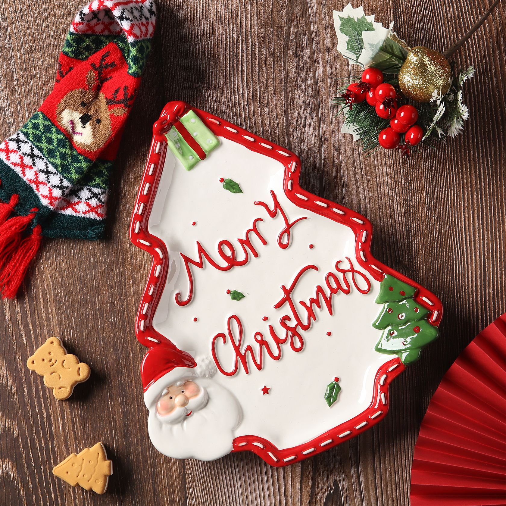 Santa Claus Pine Tree Ceramic Tray, Cute Holiday Plate for Kitchen Dessert Tableware, Christmas Decor - view 9