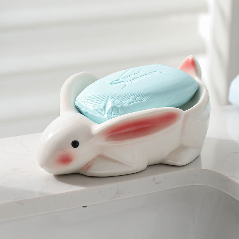 Feblilac Ceramic Soap Box Cartoon Cute Shy Rabbit Bathroom