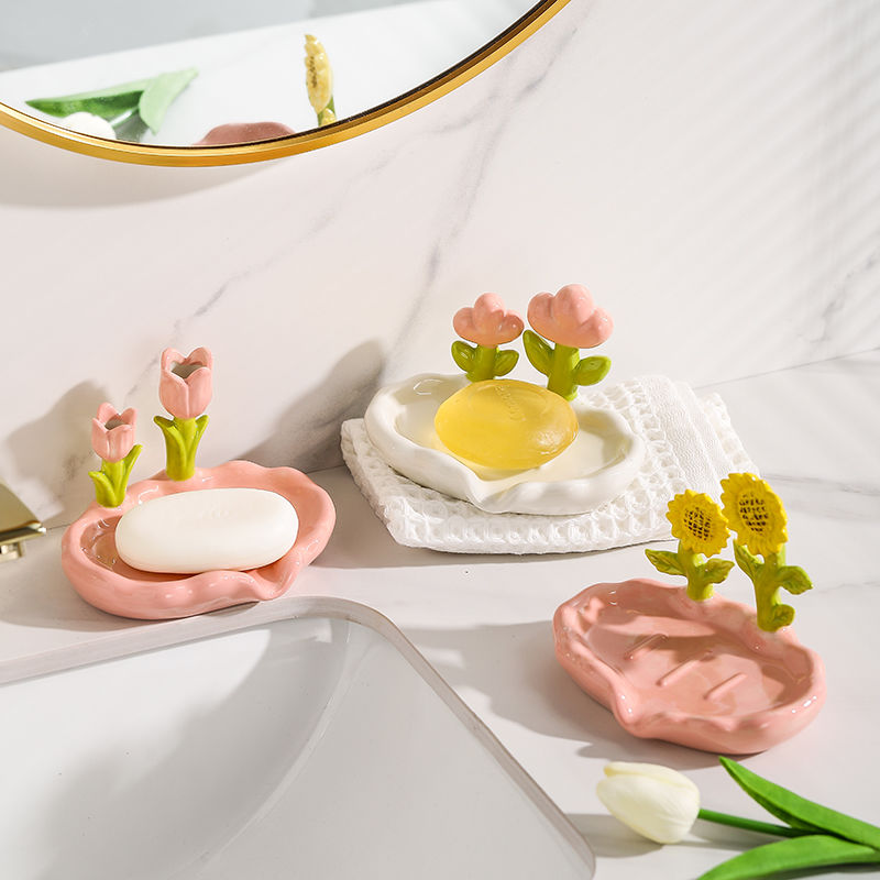 Feblilac Home Cute Super Cute Flower Ceramic Soap Box Bathroom