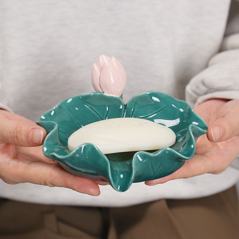 Feblilac Ceramic Soap Box Drain Household Lotus Leaf Soap Box