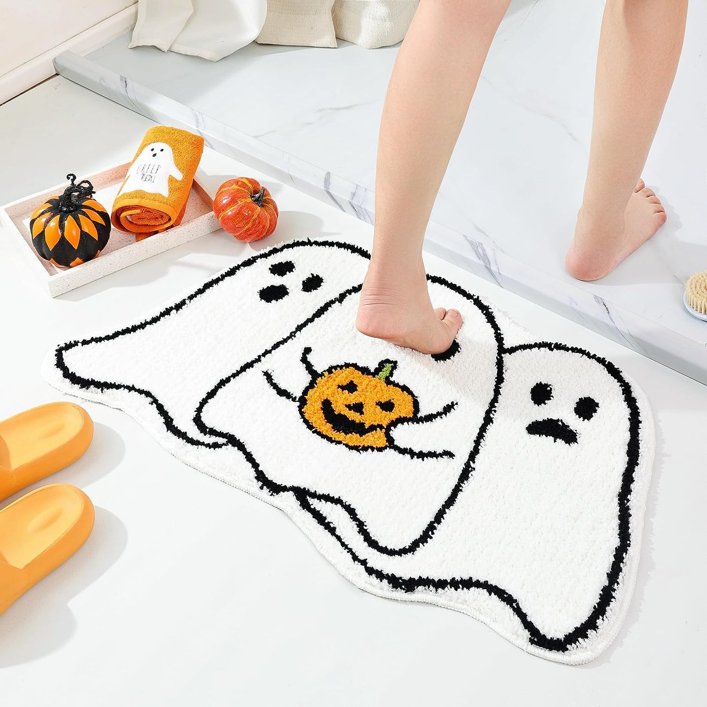 Feblilac Halloween Ghost Bath Mat for Bathroom, Cute White Ghost Bathroom Rug