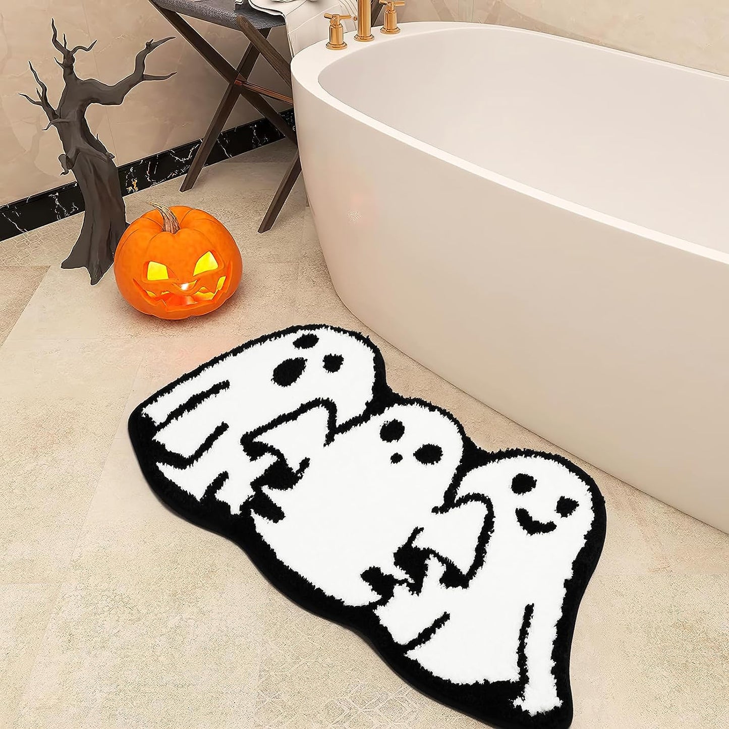 Feblilac Halloween Bath Mat Ghost Tufted Rug Non Slip Floor Mat for Bathroom Kitchen Plush Rug Soft Absorbent Bath Tub Carpet Room Decor Halloween Supplies
