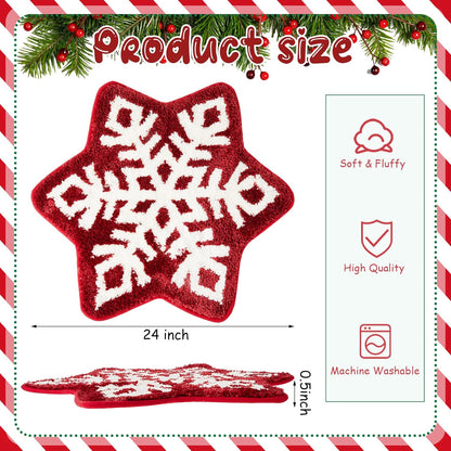 Red Christmas Snowflake Rug, Cute Bath Mat, Holiday Bathroom Rug