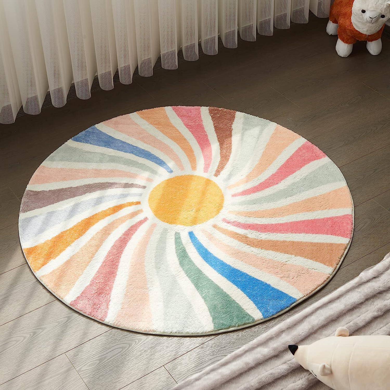 Feblilac Round Colorful Sunshine Area Rug, Boho Rainbow Area Rug, Living Room Mat