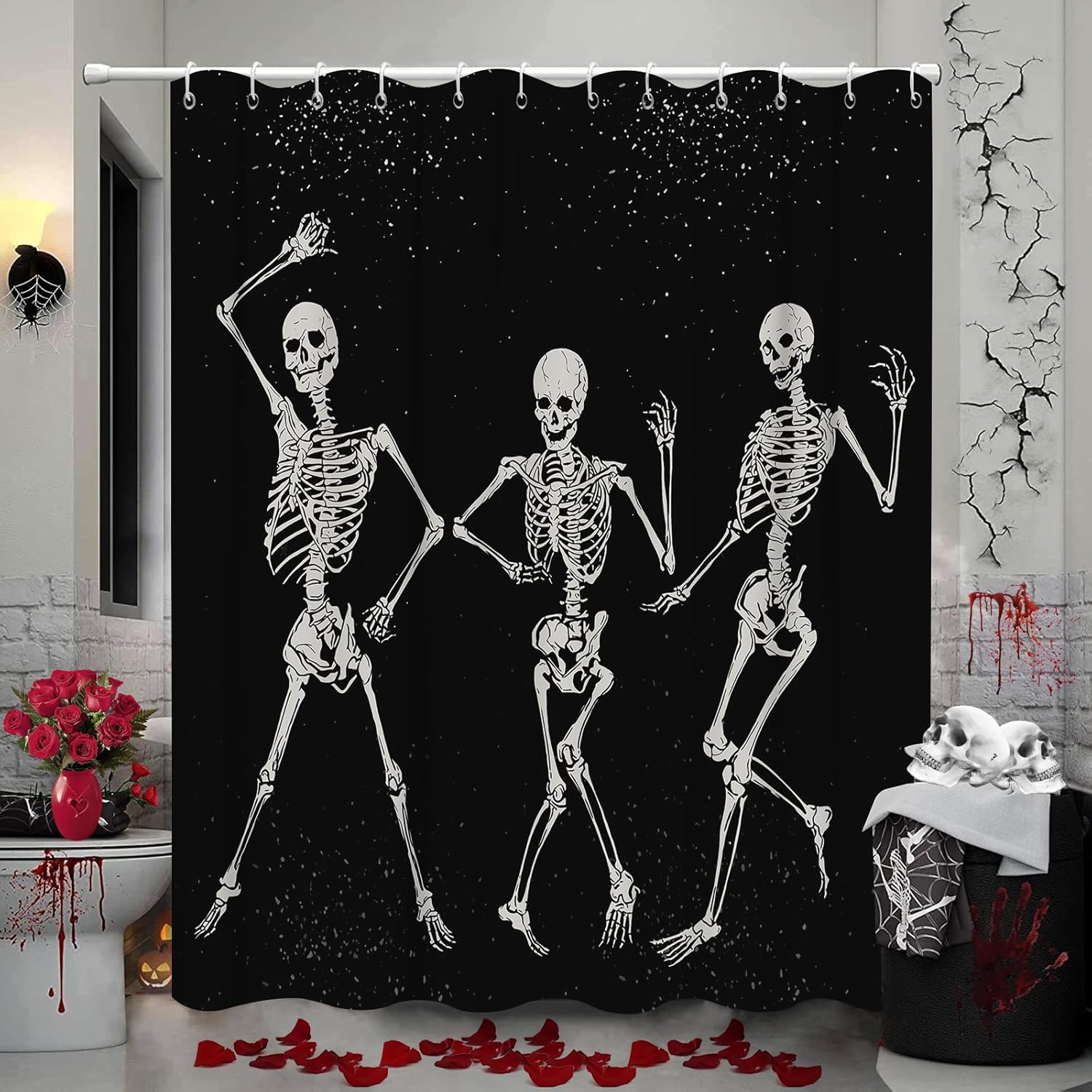 Feblilac Skull Funny Dance Halloween Dancing Cartoon Fun Joints Party Vintage Shower Curtain with Hooks - view 38