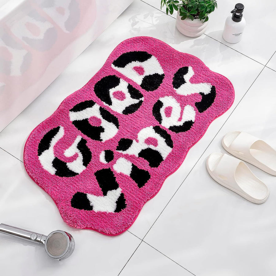 Feblilac Good Vibes Funny Cute Bath Mat Hot Pink Non-Slip Soft Cow Print Girl Preppy Bathroom Decor Rug Microf