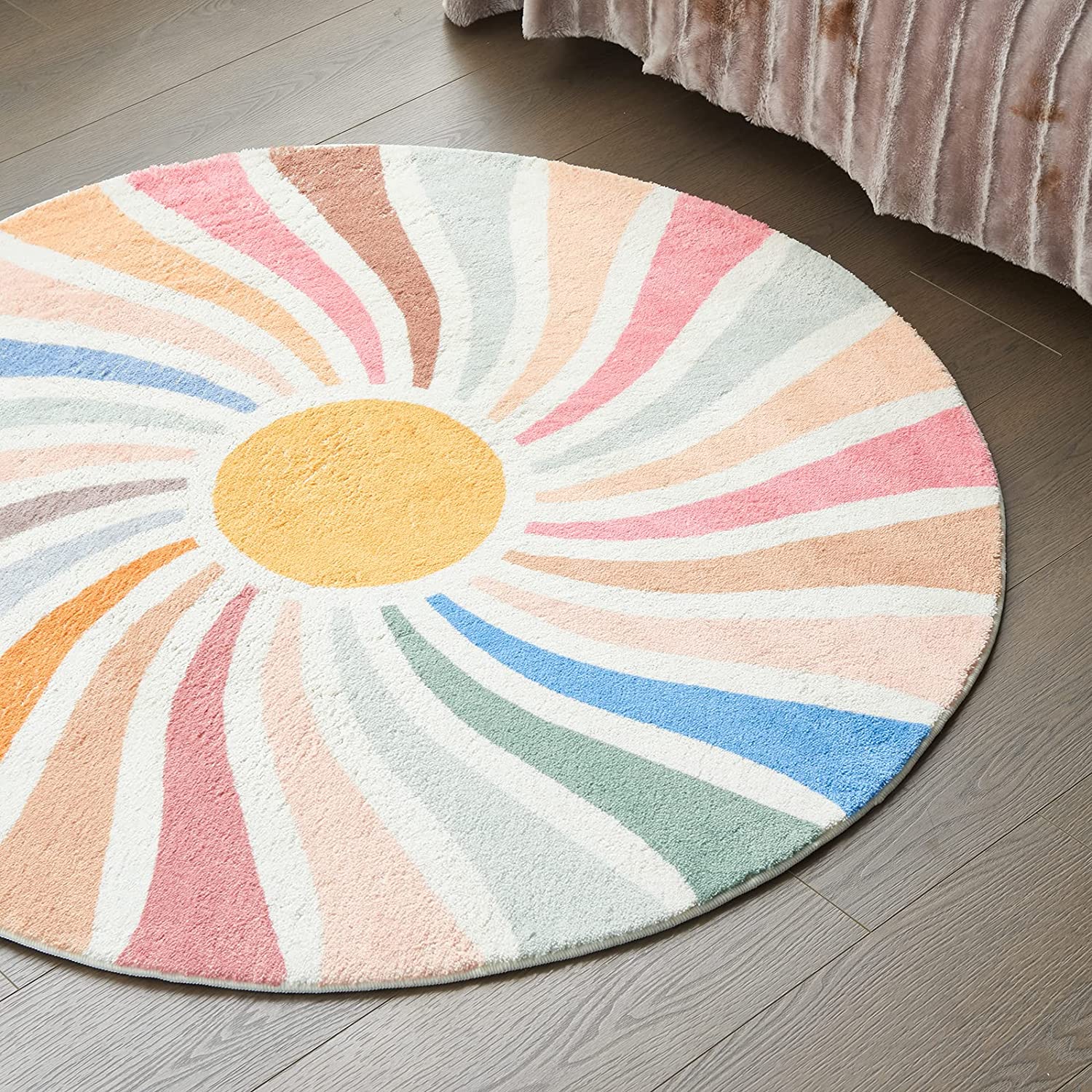 Feblilac Round Colorful Sunshine Area Rug, Boho Rainbow Area Rug, Living Room Mat
