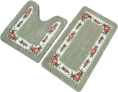 Feblilac Green Flower Tufted Bathroom Mat Toilet U-Shaped Floor Mat