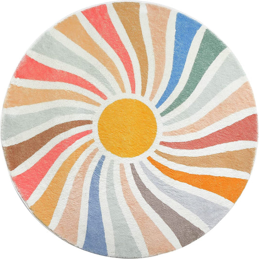 Feblilac Round Colorful Sunshine Area Rug, Boho Rainbow Area Rug, Living Room Mat