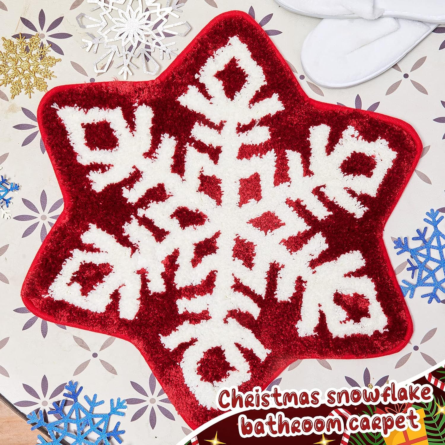 Red Christmas Snowflake Rug, Cute Bath Mat, Holiday Bathroom Rug