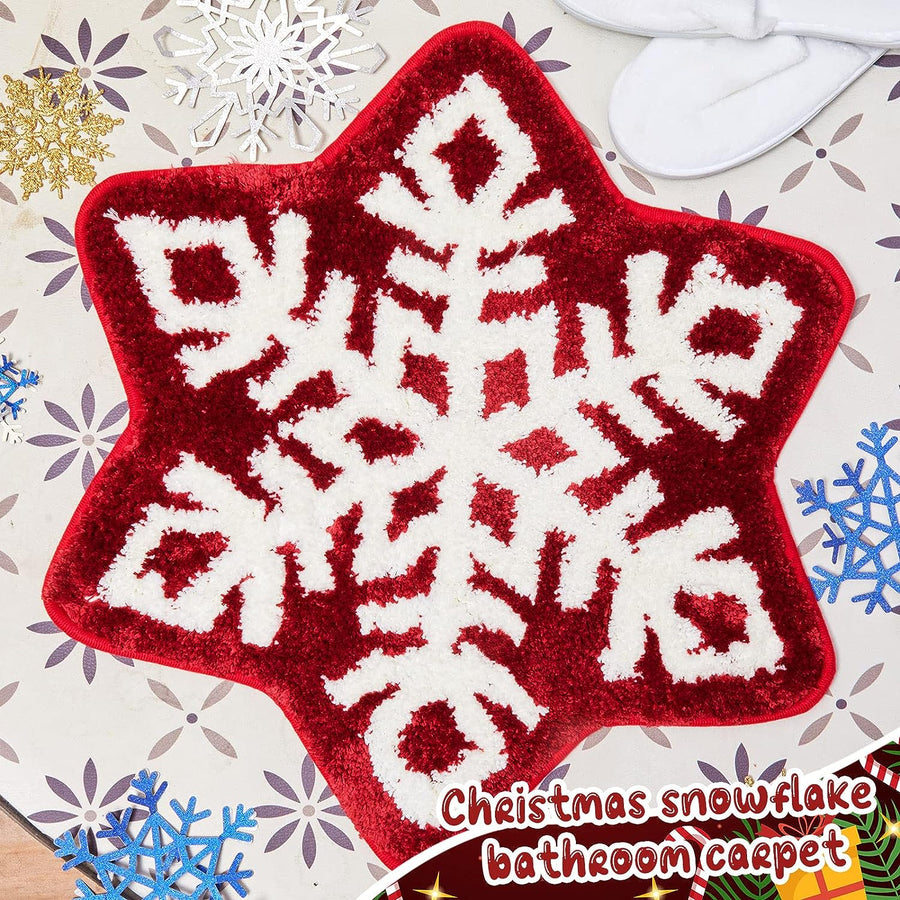 Red Christmas Snowflake Rug, Cute Bath Mat, Holiday Bathroom Rug - view 4
