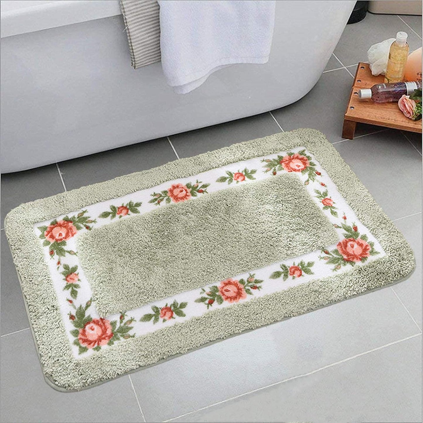 Feblilac Green Flower Tufted Bathroom Mat Toilet U-Shaped Floor Mat