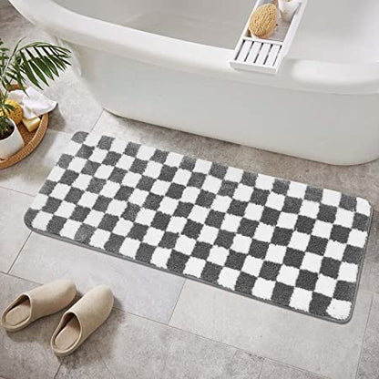 Feblilac Brown Grey Black and White Checkerboard Tufted Bath Mat