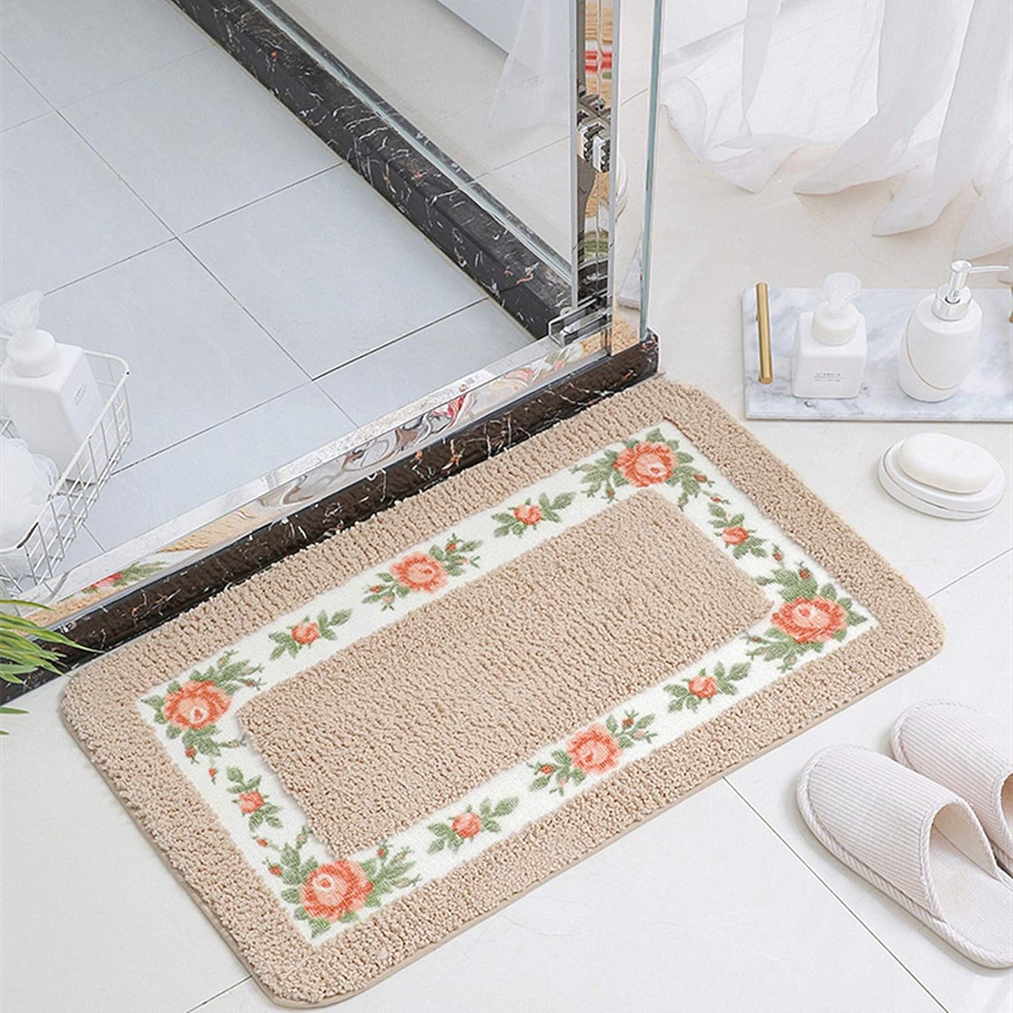 Feblilac Khaki Tufted Bathroom Mat Toilet U-Shaped Floor Mat